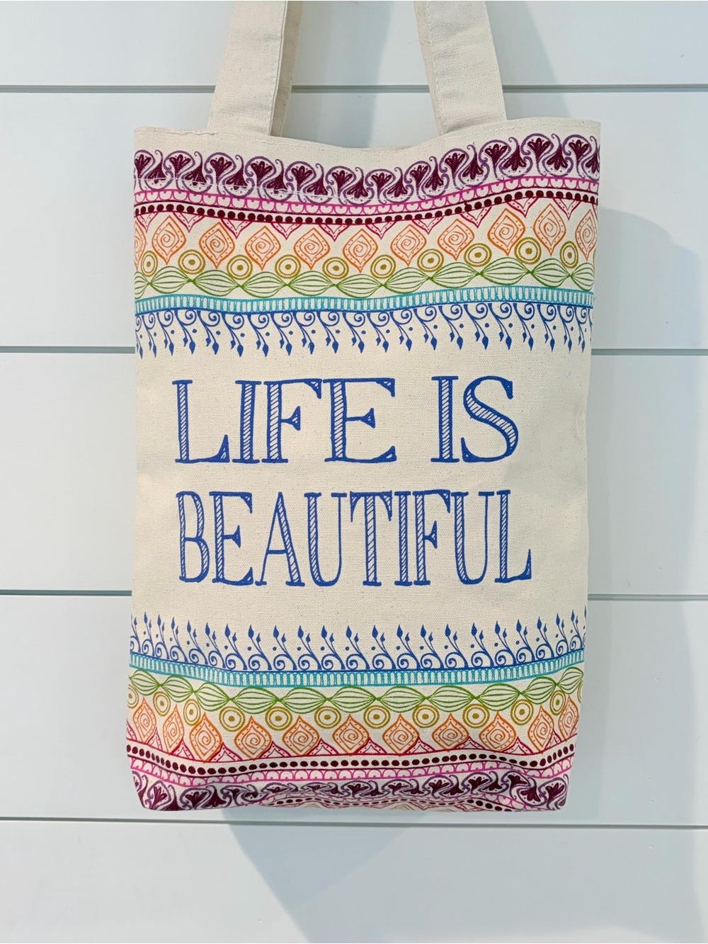 Boho Cottagecore Canvas Tote Bag Life Is Beautiful Rainbow Festival Travel - Picture 2 of 9